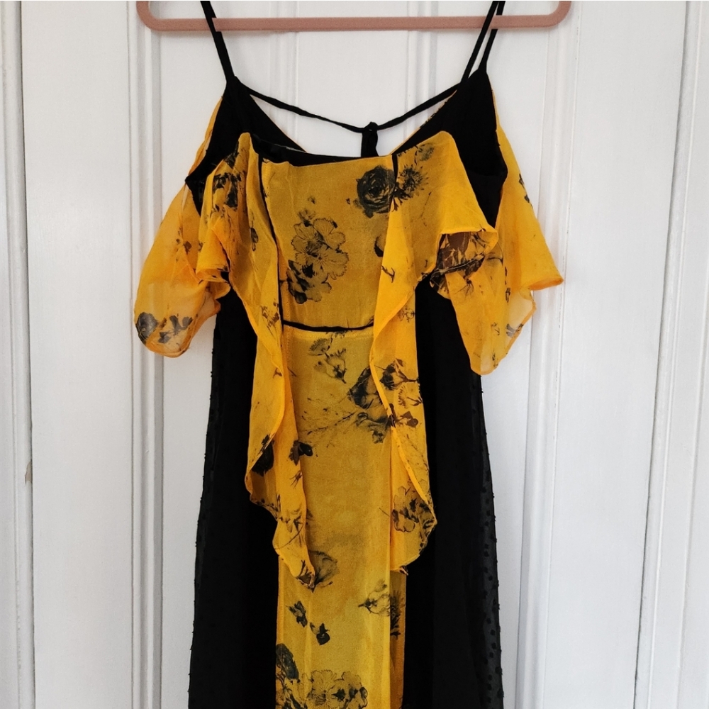Religion Off Shoulder Yellow Floral Ruffle And Black Swiss Dot Maxi Dress - Picture 8 of 11